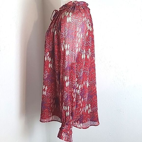 LOFT Red Sheer Blouse, Blue & White Print, Ruffled Collar & Cuffs, Size XL - Picture 10 of 13
